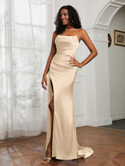 Pleated Sweep Train Sheath Gown With Slit Peach