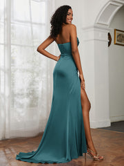Pleated Sweep Train Sheath Gown With Slit Peacock