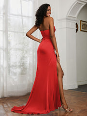 Pleated Sweep Train Sheath Gown With Slit Red