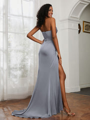 Pleated Sweep Train Sheath Gown With Slit Steel Grey Plus Size