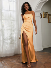 Pleated Sweep Train Sheath Gown With Slit Tangerine