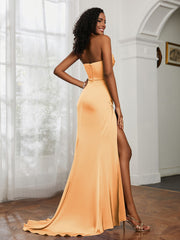 Pleated Sweep Train Sheath Gown With Slit Tangerine