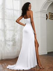 Pleated Sweep Train Sheath Gown With Slit White