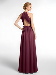Keyhole Neckline Open Back Chiffon Max Long Dress Mulberry