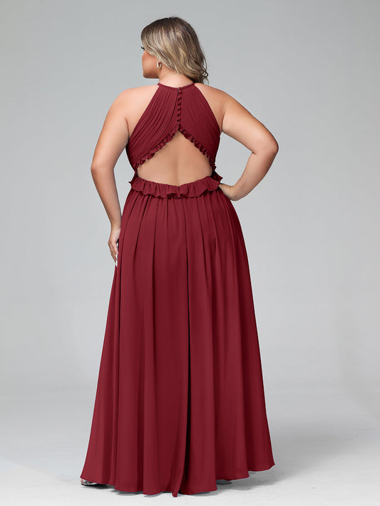 Keyhole Neckline Open Back Chiffon Maxi Dress Fuchsia