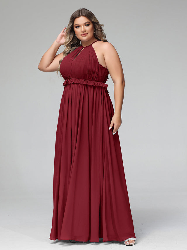 Keyhole Halter Neck Chiffon Dress with Pockets Burgundy