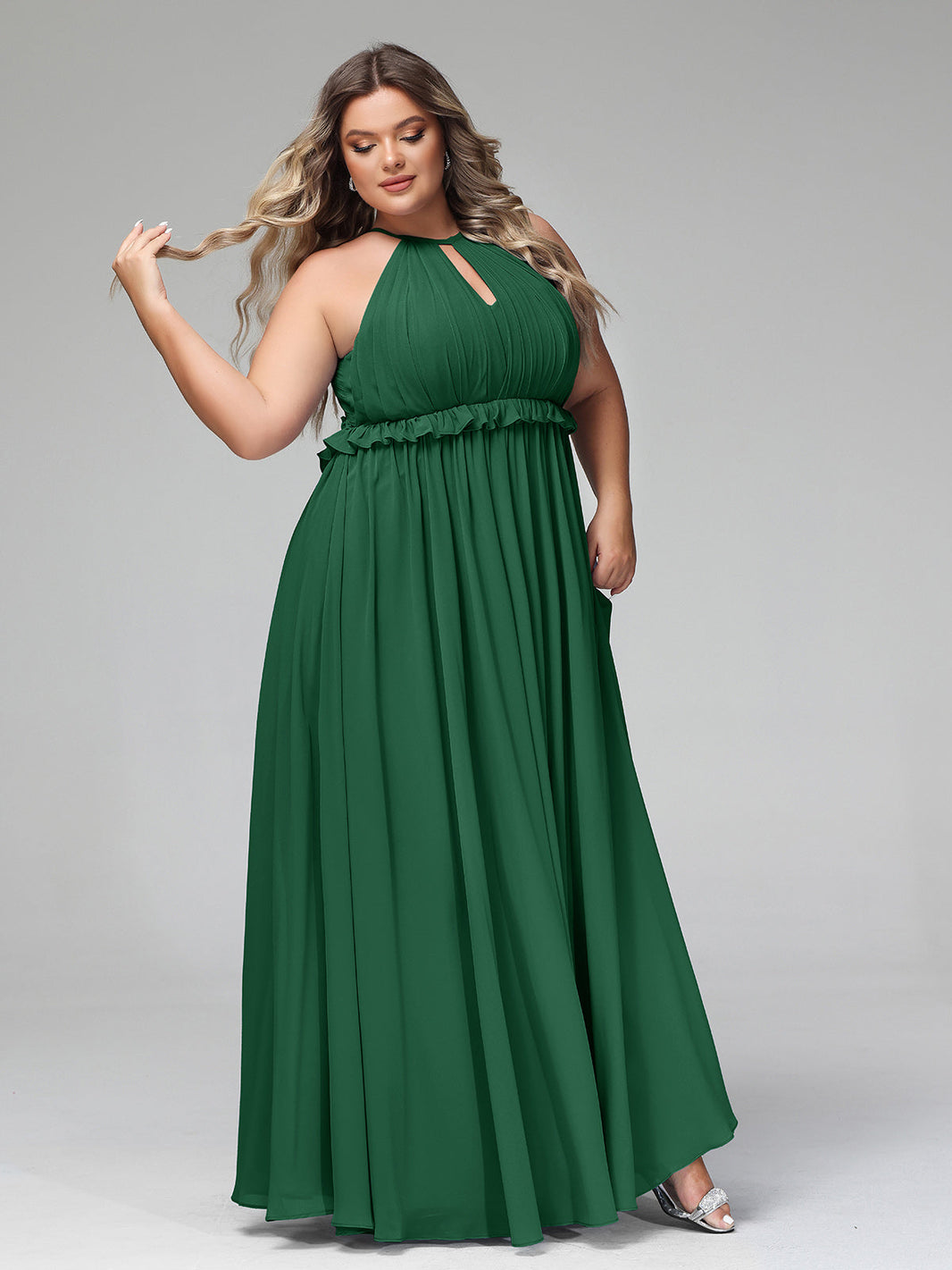 BABARONI BABARONI Chiffon Dark Green Bridesmaid Dresses Halter Floor-length Backless Sleeveless A-line, Dark Green / US0