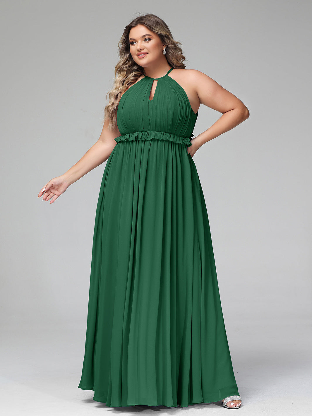BABARONI Chiffon Dark Green Bridesmaid Dresses Halter Floor-length Backless  Sleeveless A-line