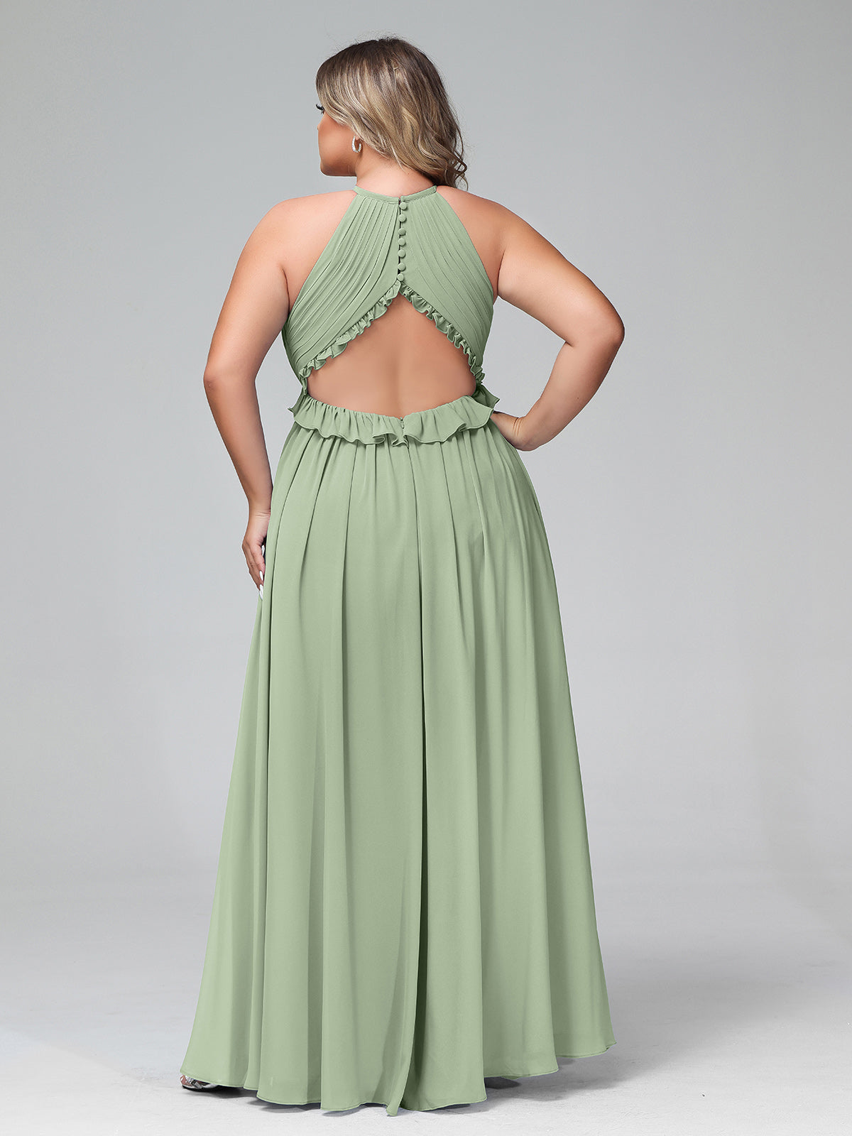 Deep-V Neck Chiffon Dresses with Slit Pockets Dusty Sage Plus Size main image 1