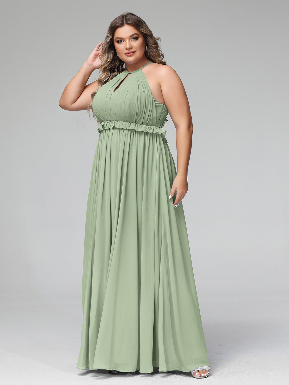 Long Chiffon Dress with V Neck and Bow Straps Dusty Sage Plus Size