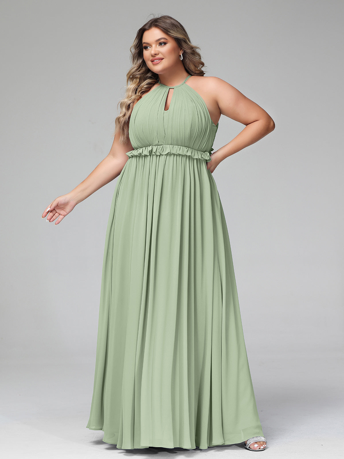 Keyhole Neckline Open Back Chiffon Maxi Dress Moss