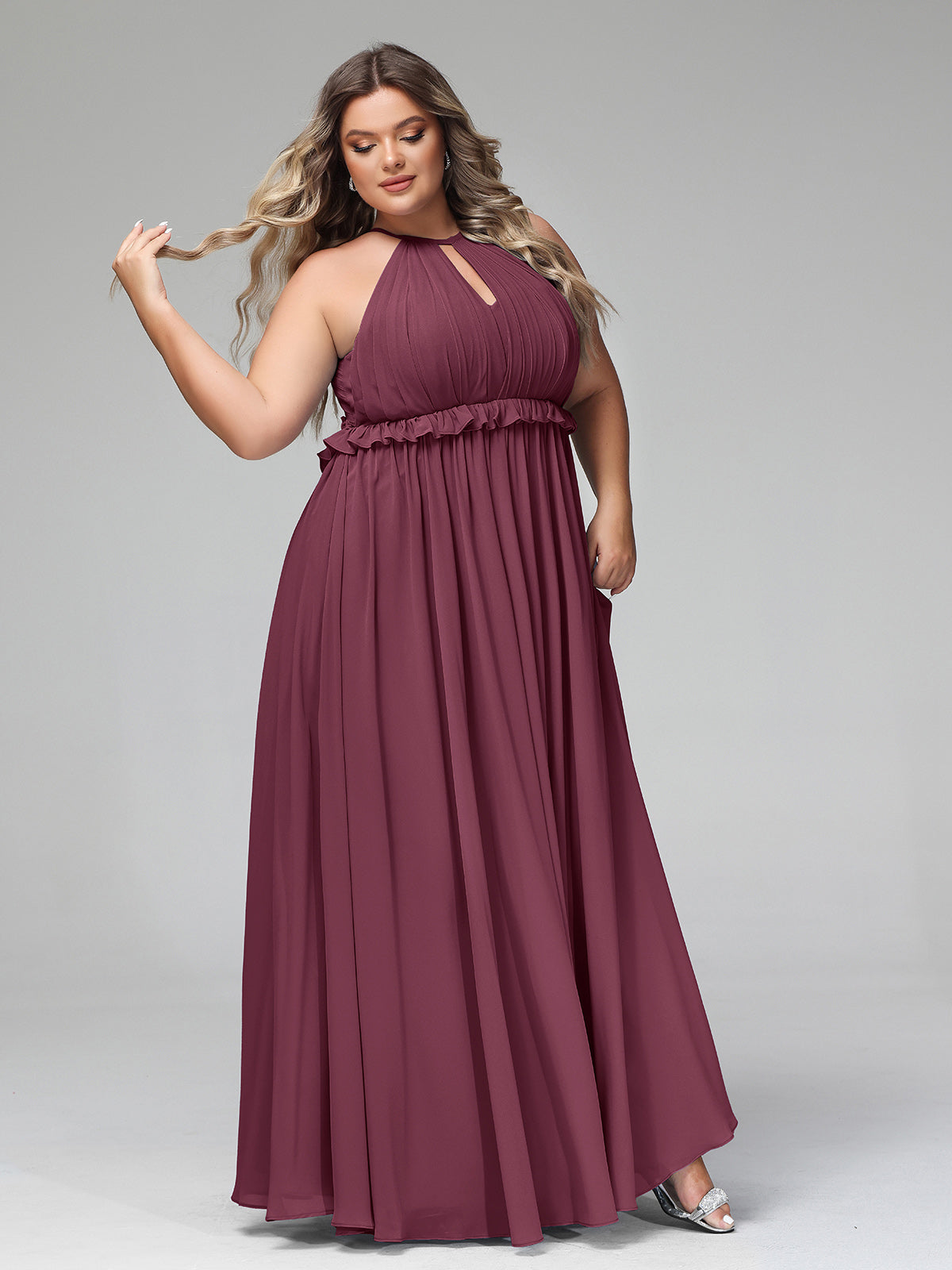 Keyhole Neckline Open Back Chiffon Max Long Dress Mulberry  BABARONI
