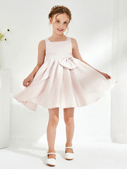 Square Pleated Knee-Length Girl's Dress with Bow Rose Petal