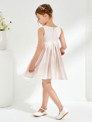 Square Pleated Knee-Length Girl's Dress with Bow Rose Petal
