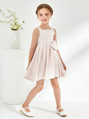 Square Pleated Knee-Length Girl's Dress with Bow Rose Petal