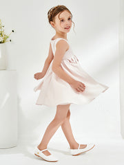 Square Pleated Knee-Length Girl's Dress with Bow Rose Petal