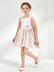 Square Pleated Knee-Length Girl's Dress with Bow Rose Petal