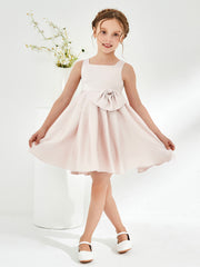 Square Pleated Knee-Length Girl's Dress with Bow Rose Petal