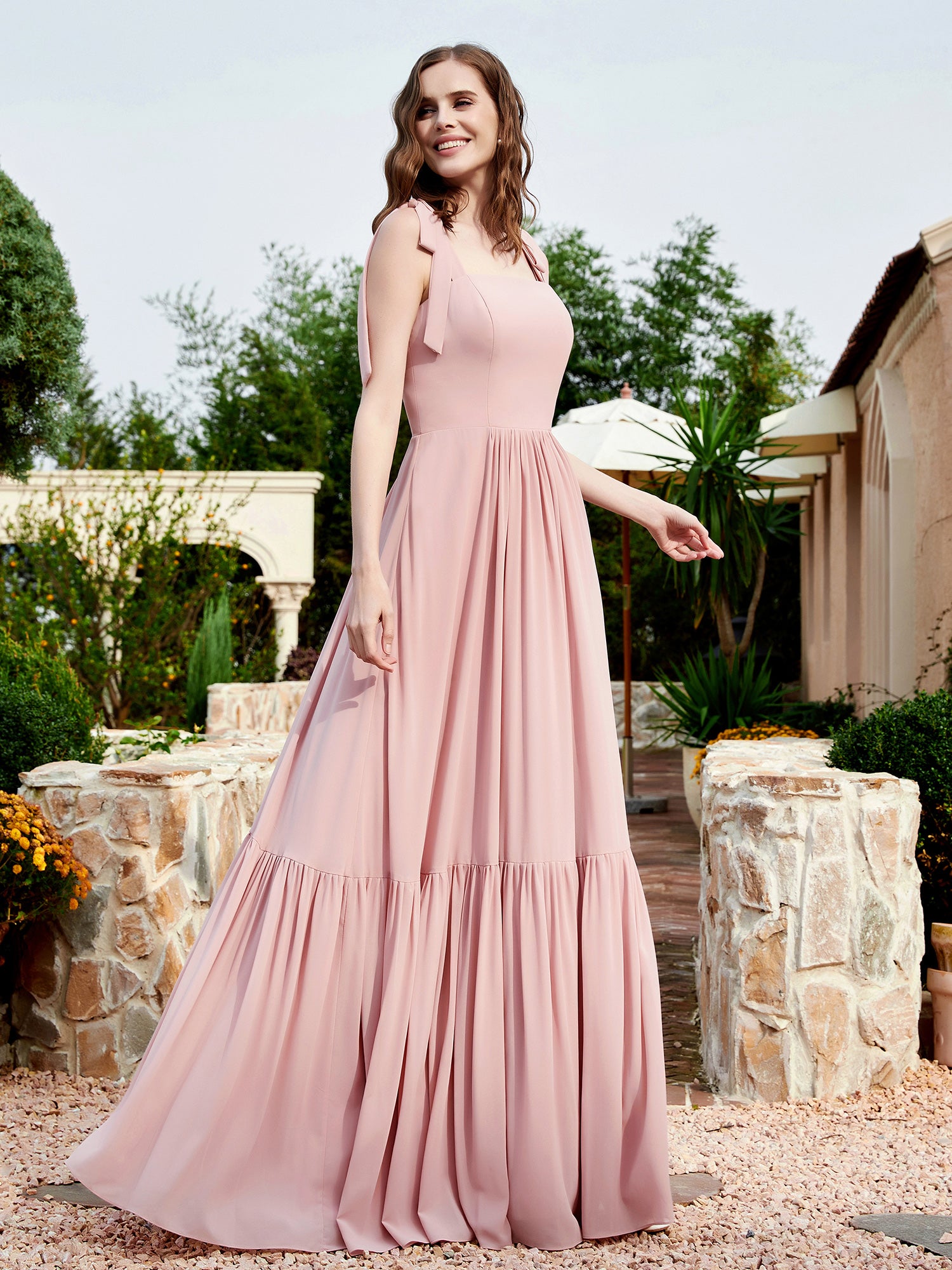 Delicate Lace Top Floor-Length Chiffon Dress Dusty Rose main image 1