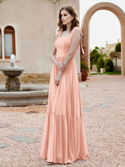 A-Line Bow Ruffle Sleeveless Chiffon Dress Coral