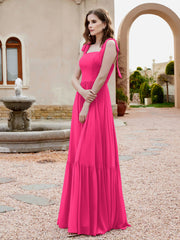 A-Line Bow Ruffle Sleeveless Chiffon Dress Fuchsia