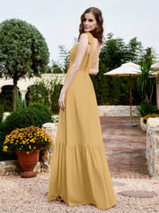A-Line Bow Ruffle Sleeveless Chiffon Dress Gold
