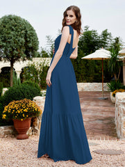 A-Line Bow Ruffle Sleeveless Chiffon Dress Ink Blue