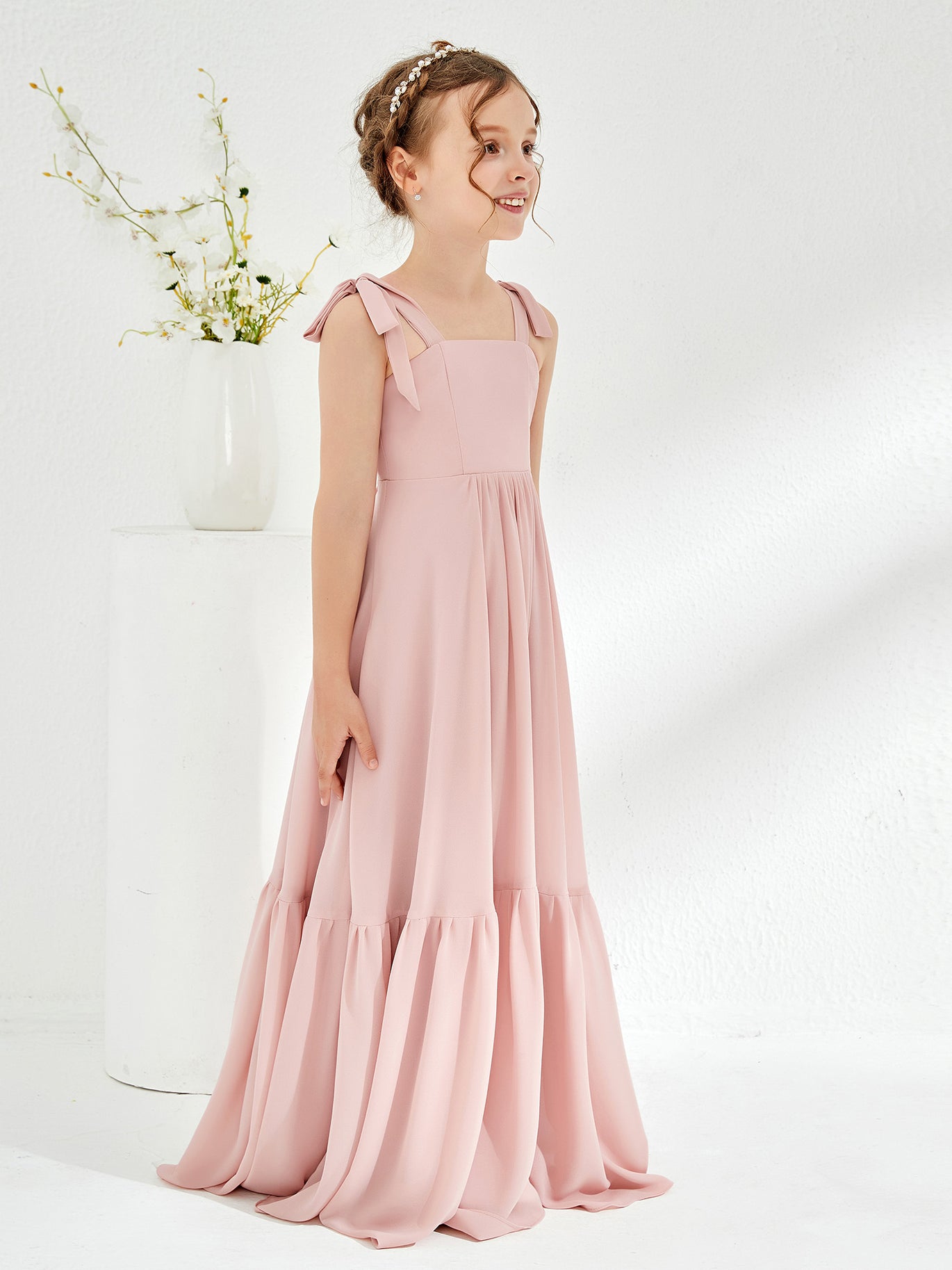 BABARONI A-Line Bow Ruffle Junior Bridesmaid Dresses Pearl Pink, Pearl Pink / J4