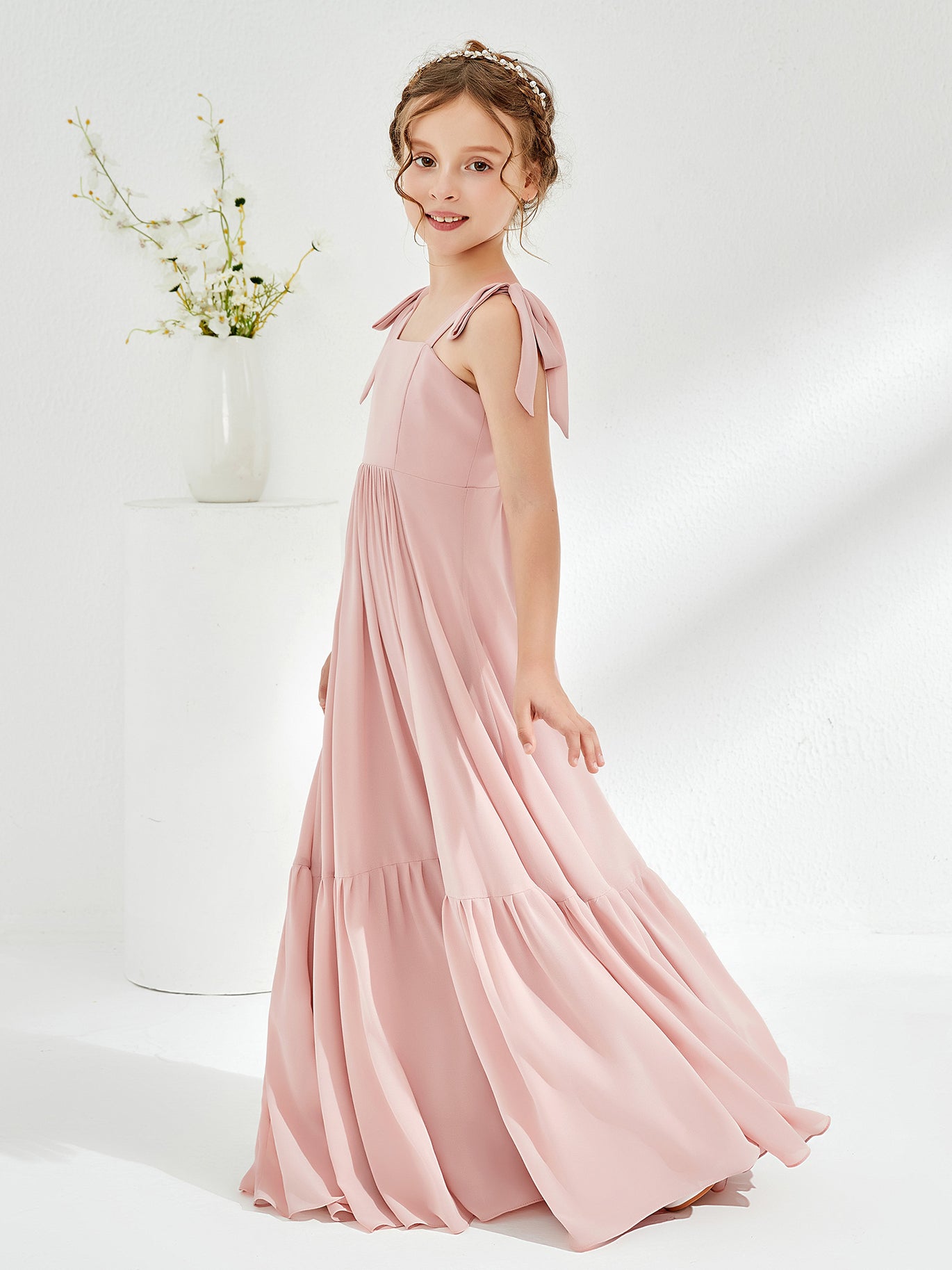 BABARONI A-Line Bow Ruffle Junior Bridesmaid Dresses Pearl Pink, Pearl Pink / J4 BABARONI A-Line Bow Ruffle Junior Bridesmaid Dresses Pearl Pink, Pearl Pink / J4