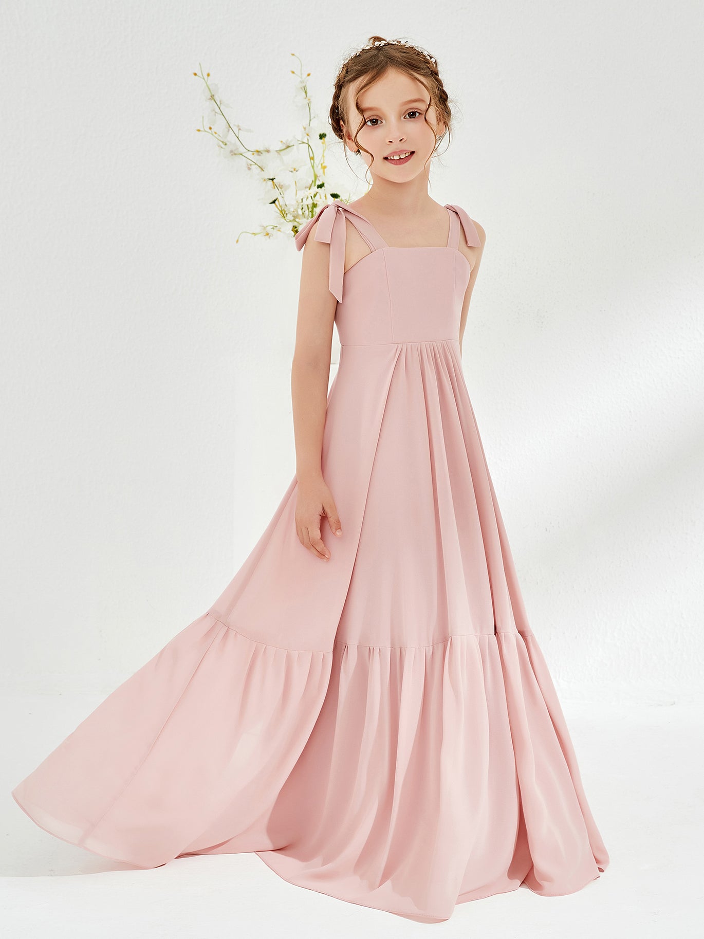 BABARONI A-Line Bow Ruffle Junior Bridesmaid Dresses Dusty Rose, Dusty Rose / J4