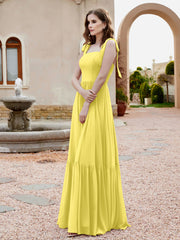 A-Line Bow Ruffle Sleeveless Chiffon Dress Lemon