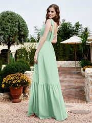 A-Line Bow Ruffle Sleeveless Chiffon Dress Mint Green Plus Size