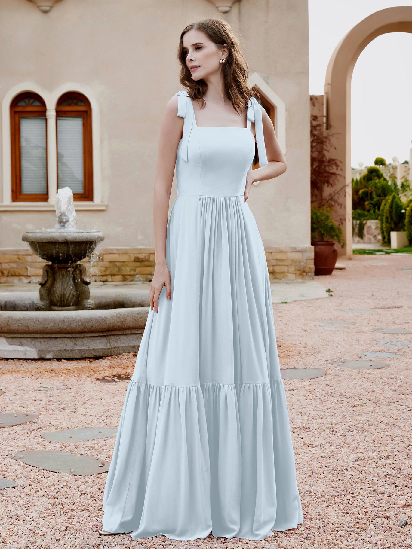 misty blue bridesmaid dresses Straps Misty Blue Tiered Ruffles Long Bridesmaid Dress – FancyVestido