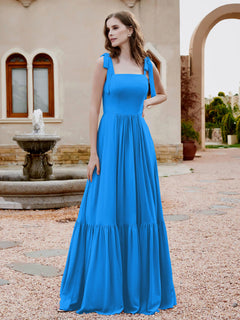 A-Line Bow Ruffle Sleeveless Chiffon Dress Ocean Blue Plus Size