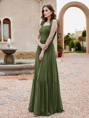 A-Line Bow Ruffle Sleeveless Chiffon Dress Olive Green