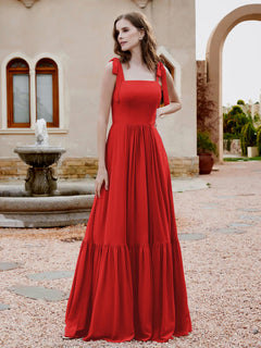 A-Line Bow Ruffle Sleeveless Chiffon Dress Red