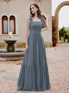 A-Line Bow Ruffle Sleeveless Chiffon Dress Slate Blue Plus Size