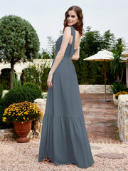 A-Line Bow Ruffle Sleeveless Chiffon Dress Slate Blue
