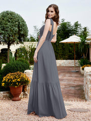 A-Line Bow Ruffle Sleeveless Chiffon Dress Steel Grey