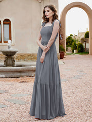 A-Line Bow Ruffle Sleeveless Chiffon Dress Steel Grey