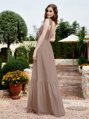 A-Line Bow Ruffle Sleeveless Chiffon Dress Taupe Plus Size