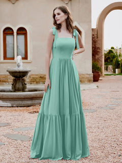 A-Line Bow Ruffle Sleeveless Chiffon Dress Turquoise