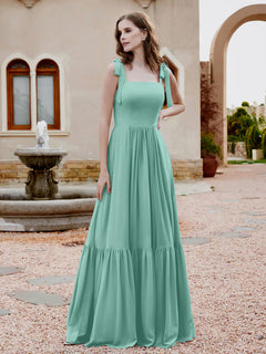 A-Line Bow Ruffle Sleeveless Chiffon Dress Turquoise Plus Size