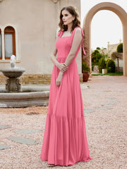 A-Line Bow Ruffle Sleeveless Chiffon Dress Watermelon