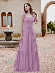 A-Line Bow Ruffle Sleeveless Chiffon Dress Wisteria