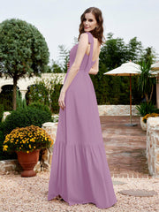 A-Line Bow Ruffle Sleeveless Chiffon Dress Wisteria