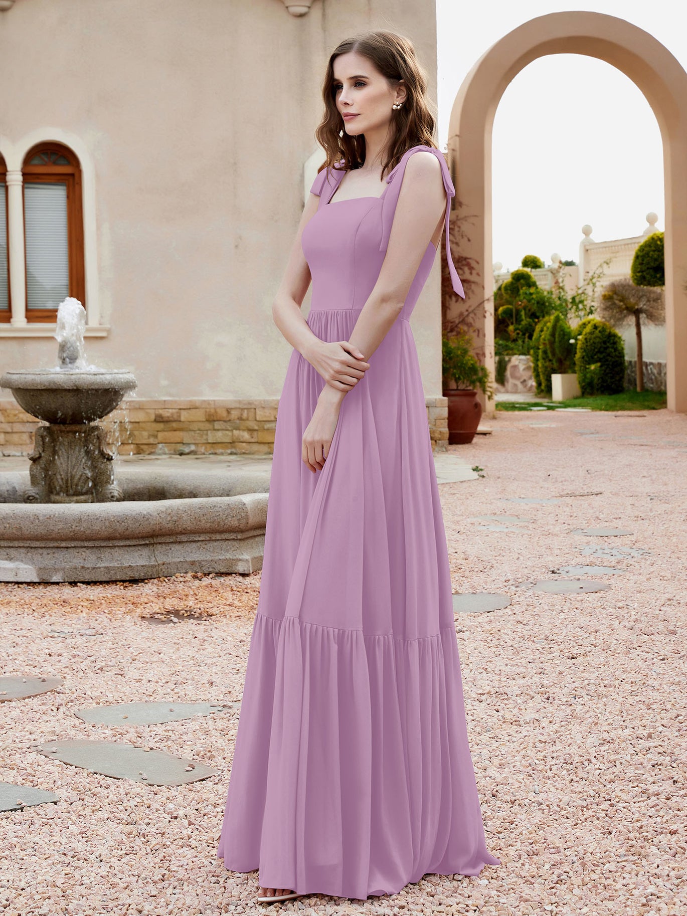 open lace back dress MissJophiel Bat Sleeves V Neck Floral Chiffon Wisteria Prom Dress Wedding Guest Evening Gown Wisteria / Tea Length / US4 main image 1