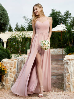 V-neck Spaghetti Straps Bridesmaid Dress With Slit Dusty Rose Plus Size