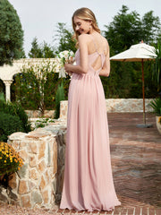 V-neck Spaghetti Straps Bridesmaid Dress With Slit Dusty Rose