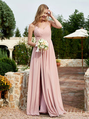 V-neck Spaghetti Straps Bridesmaid Dress With Slit Dusty Rose